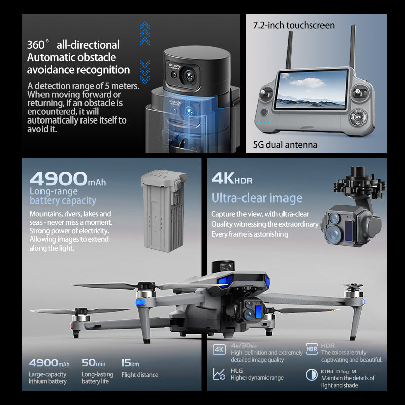 2026 new professional aerial drone with three-axis anti shake digital image transmission, touch screen control, 360 degree all-round obstacle avoidance, 4K camera, 45 minute endurance, aircraft GPS positioning, AI calculation, 4500mAh large battery