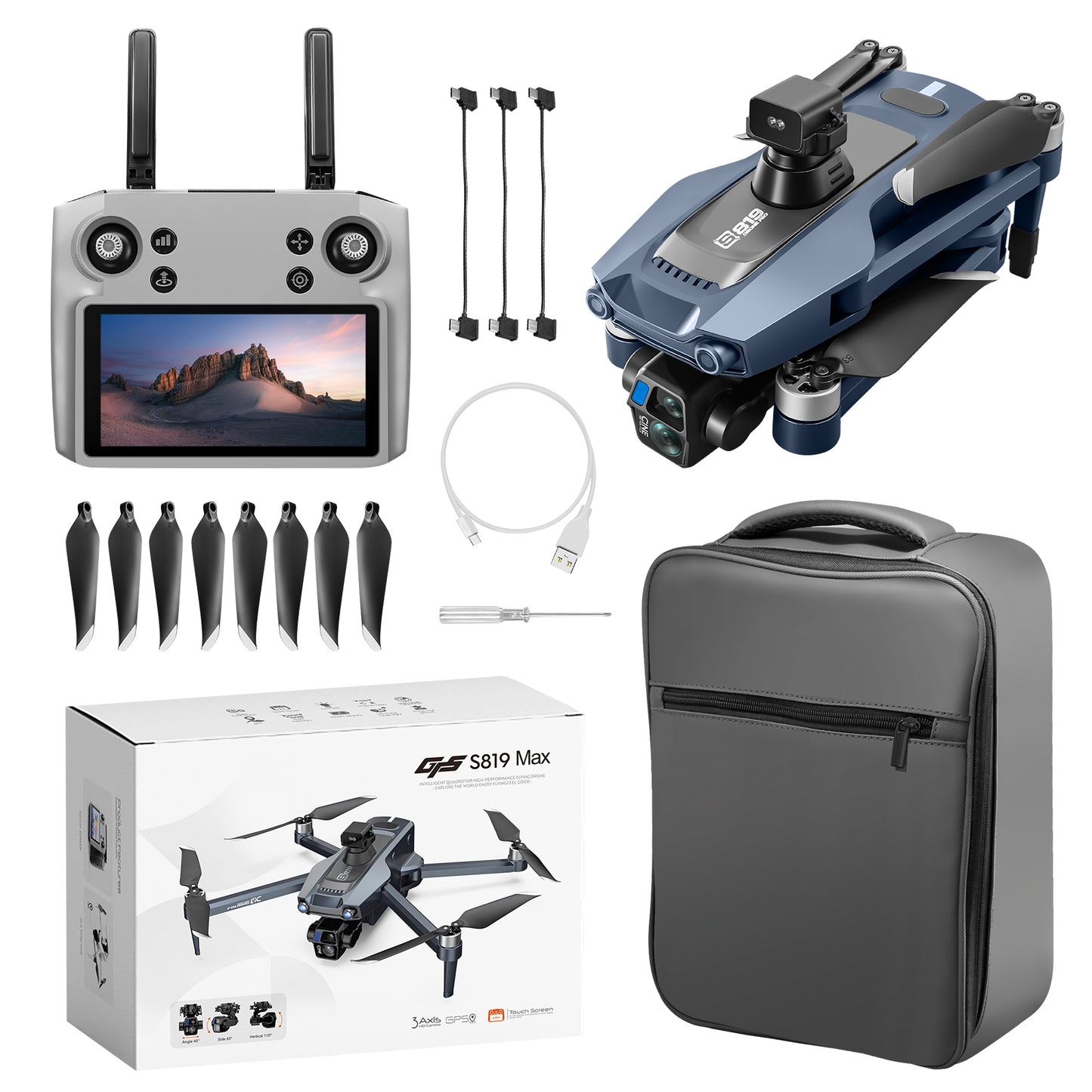 S819 drone with screen remote control drone airdrop brushless motor quadcopter GPS intelligent 360 ° obstacle avoidance three-axis gimbal 6-kilometer flight