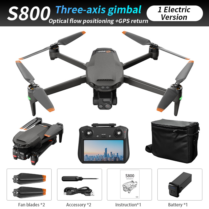 New S800 three-axis gimbal anti shake aerial drone GPS tracking touch screen remote control long endurance high-definition dual cameras outdoor professional shooting video 10 kilometers image transmission 5500mAh large capacity battery aircraft