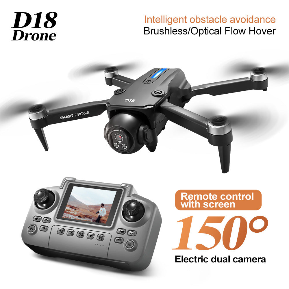 The 2026 new model D18 professional drone features high-definition aerial photography, optical flow screen control, electronic adjustment, dual cameras for video shooting, and is a brushless remote control aircraft