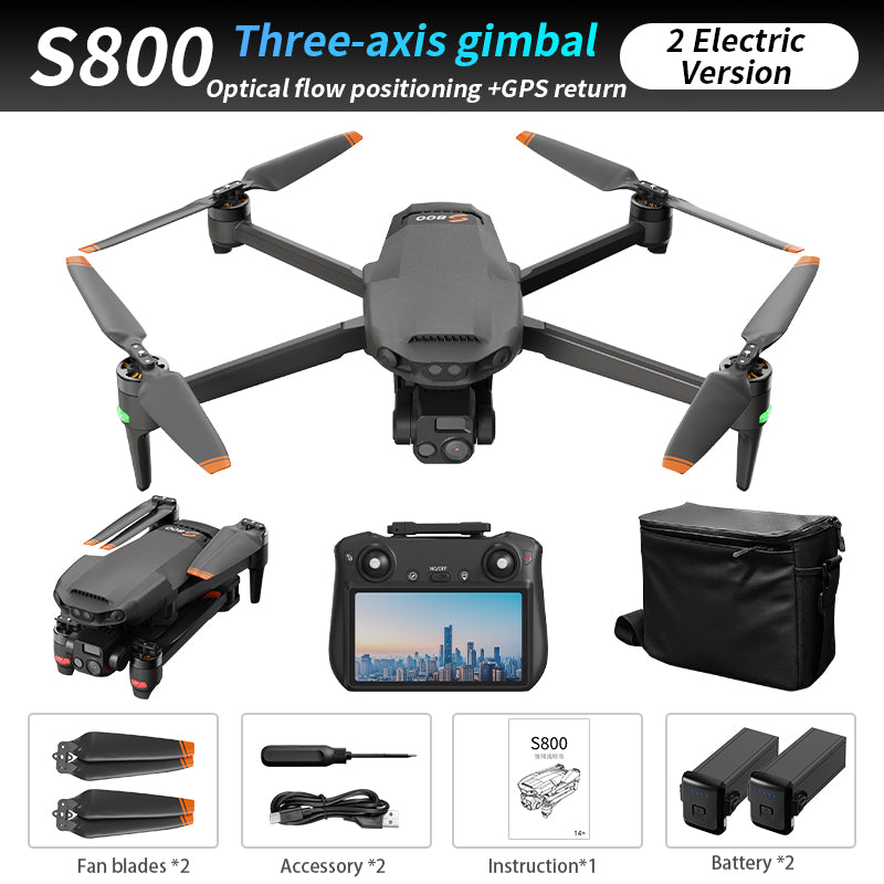 New S800 three-axis gimbal anti shake aerial drone GPS tracking touch screen remote control long endurance high-definition dual cameras outdoor professional shooting video 10 kilometers image transmission 5500mAh large capacity battery aircraft