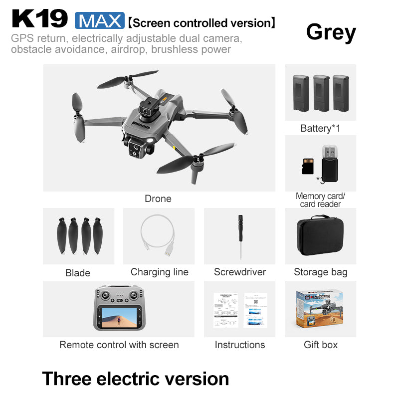 K19 Remote Control GPS Drone Quadcopter with HD Screen Display, Autonomous Return and Obstacle Avoidance