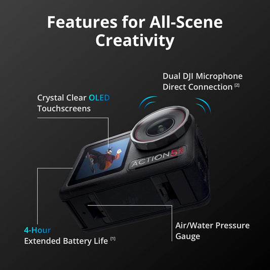 Osmo Action 5 Pro Standard Combo, Waterproof Action Camera with 1/1.3" Sensor, 4K/120fps Video, Subject Tracking, Stabilization, Dual OLED Touchscreens, Ideal for Sports, Vlog