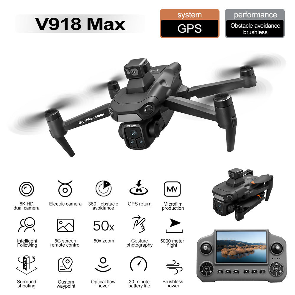 New V918MAX drone GPS return 8K dual lens aerial photography optical flow laser obstacle avoidance 5G large screen remote control aircraft
