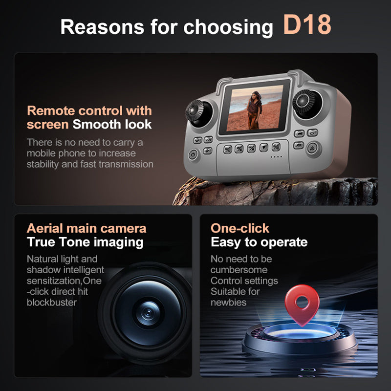The 2026 new model D18 professional drone features high-definition aerial photography, optical flow screen control, electronic adjustment, dual cameras for video shooting, and is a brushless remote control aircraft