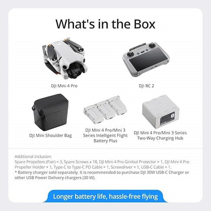 Mini 4 Pro Fly MoreCombo Plus with RC2 (Screen RemoteController), FoldingMini-Drone with 4KHDR Video Camera forAdults, 2 ExtraIntelligent FlightBatteries Plus for45-Min Flight Time