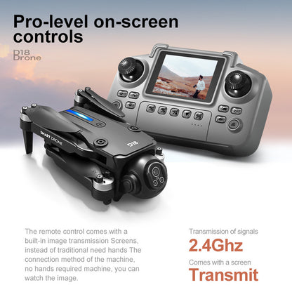 The 2026 new model D18 professional drone features high-definition aerial photography, optical flow screen control, electronic adjustment, dual cameras for video shooting, and is a brushless remote control aircraft