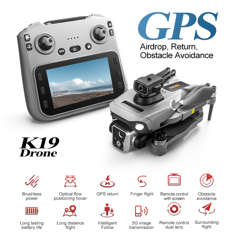 K19 Remote Control GPS Drone Quadcopter with HD Screen Display, Autonomous Return and Obstacle Avoidance