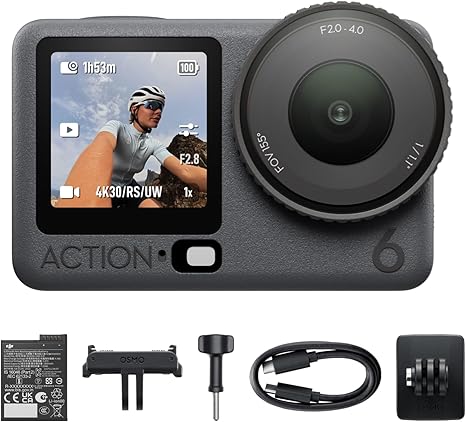 Osmo Action 6 Essential Combo, Action Camera with 1/1.1″ Square Sensor, Variable Aperture of f/2.0–f/4.0, Cold-Resistant, 4hrs Battery, Action Camera 8K Ideal for Daily Use